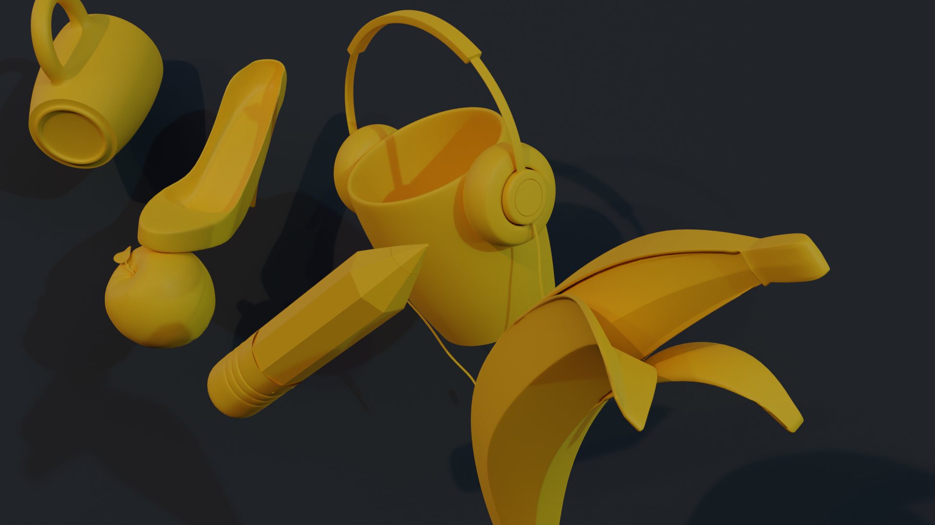 yellow banana, cups, pencil, headphones, shoe,   and apple