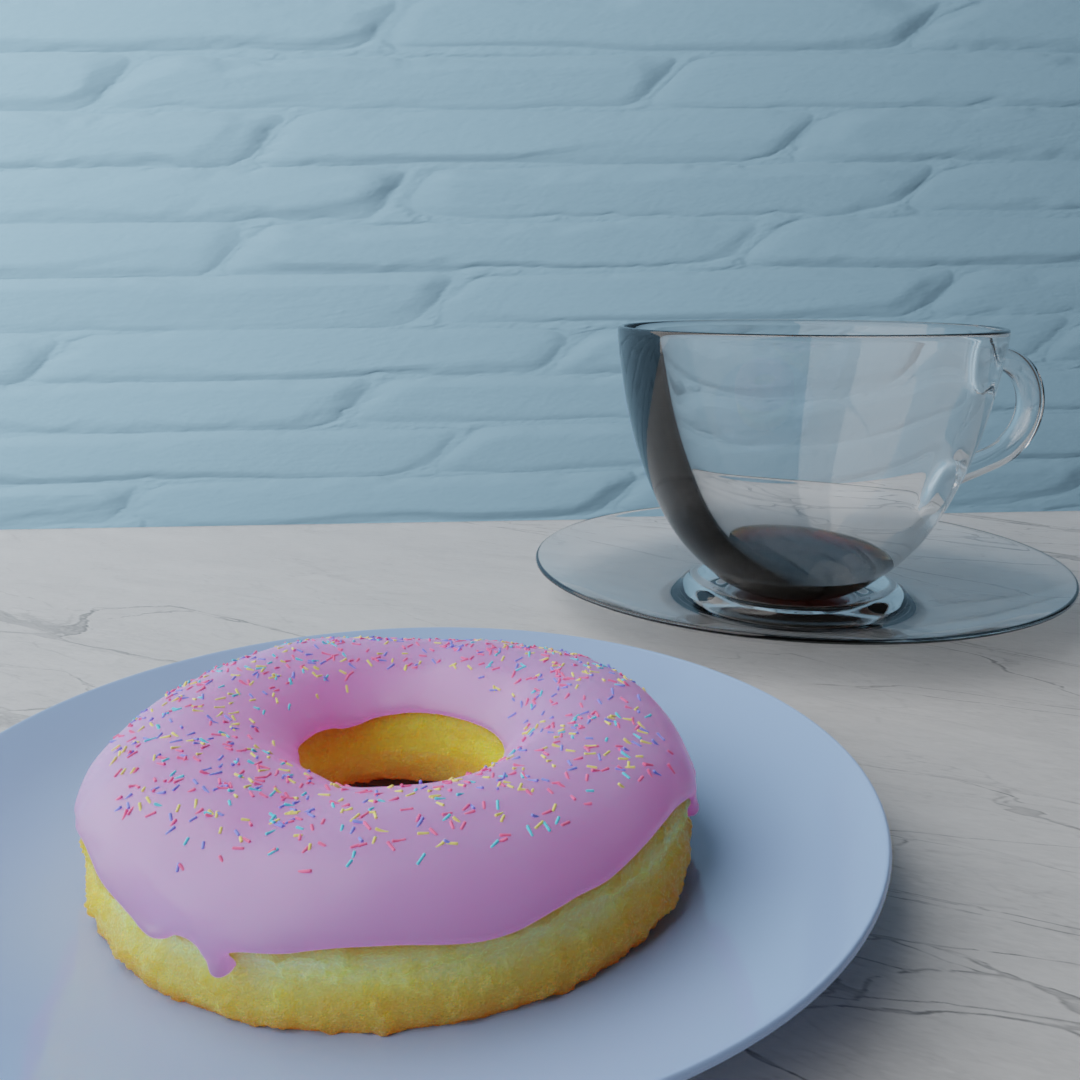 pink frosted donut with coffee cup