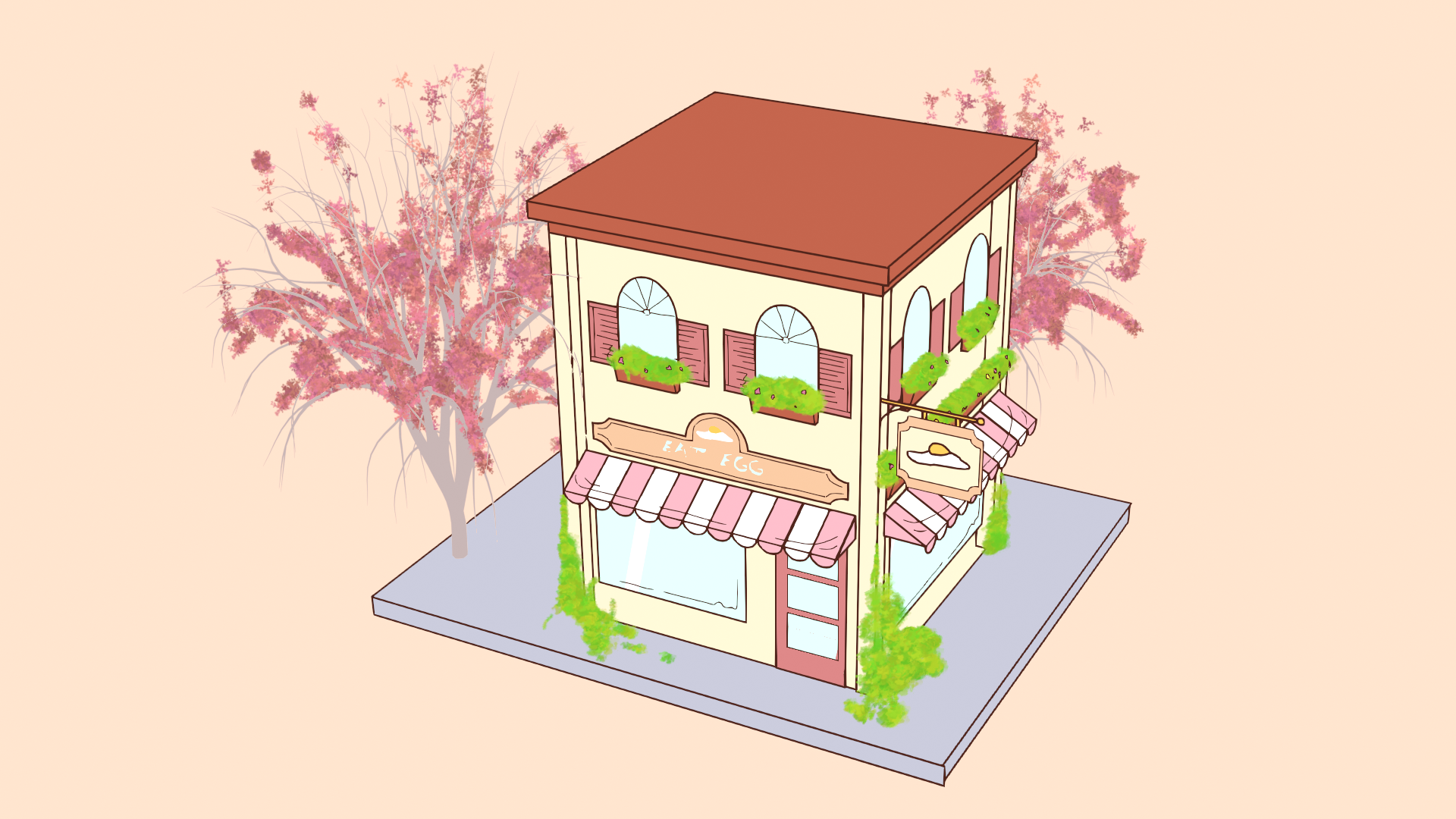 2.5d restaurant with pink trees